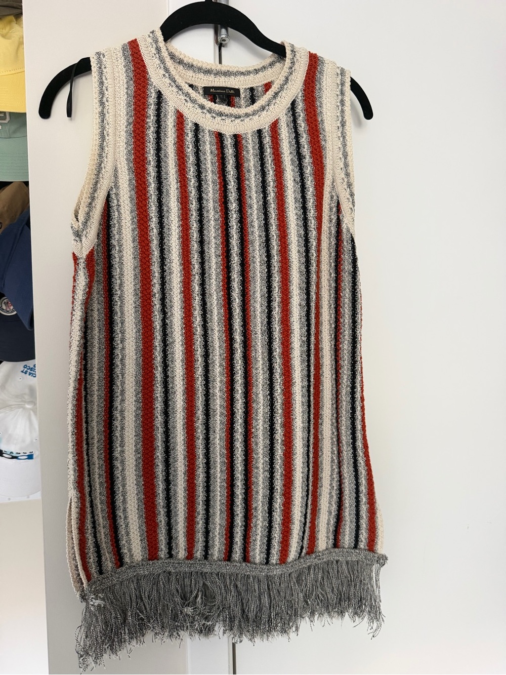 Massimo Dutti Sleeveless Striped Fringe Knit Top - Cream, Red, Gray, Black